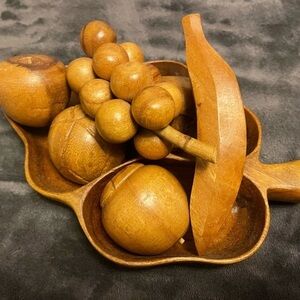 Vintage MCM Monkey Pod Hand Crafted Wood Leaf Tray with 6 pc Wooden Fruit...